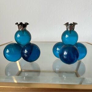 Pair of Retro Vintage Blue Lucite Grape Candle Holders